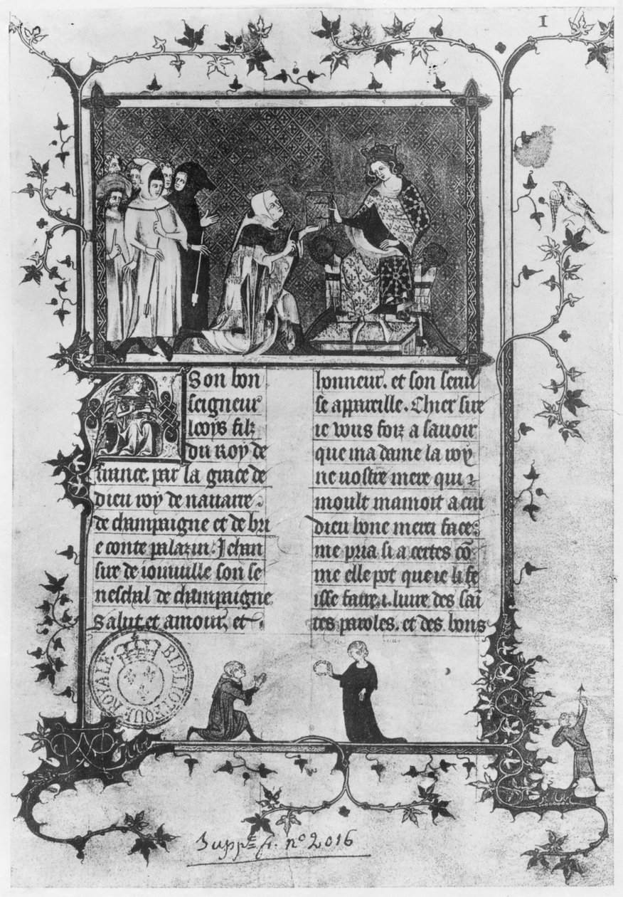 Ms fr 13568 fol.1 Jean de Joinville felajánlja St. Louisról (1215-70) szóló könyvét X. Lajosnak (1289-1316), a Makacs alkotó: French School