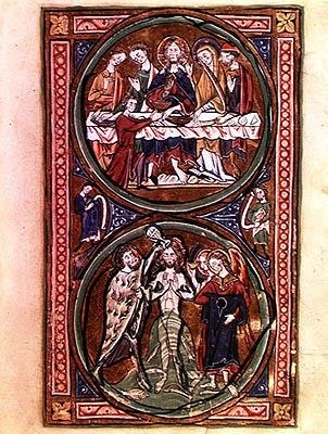 Ms n/a Lat 1392 Fol.3 A kánai menyegző és Krisztus megkeresztelkedése, részlet a „Psautier a l