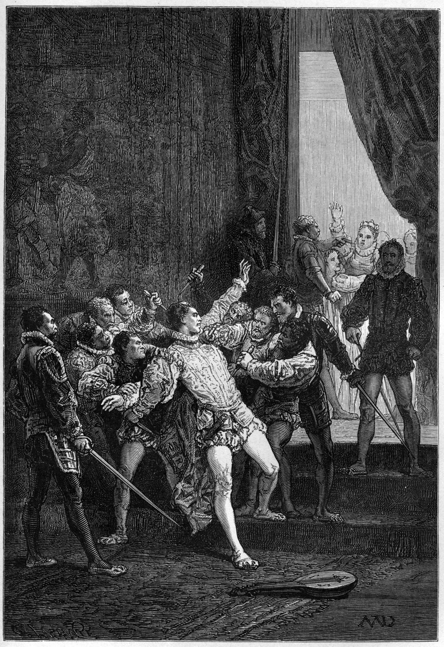 David Rizzio (Davide) meggyilkolása Mary Stuart (Marie Iere) (1542-1587) jelenlétében – metszet „Anglia története távolabbi időkből” című könyvébe, Francois Guizot 1877-ben. alkotó: French School