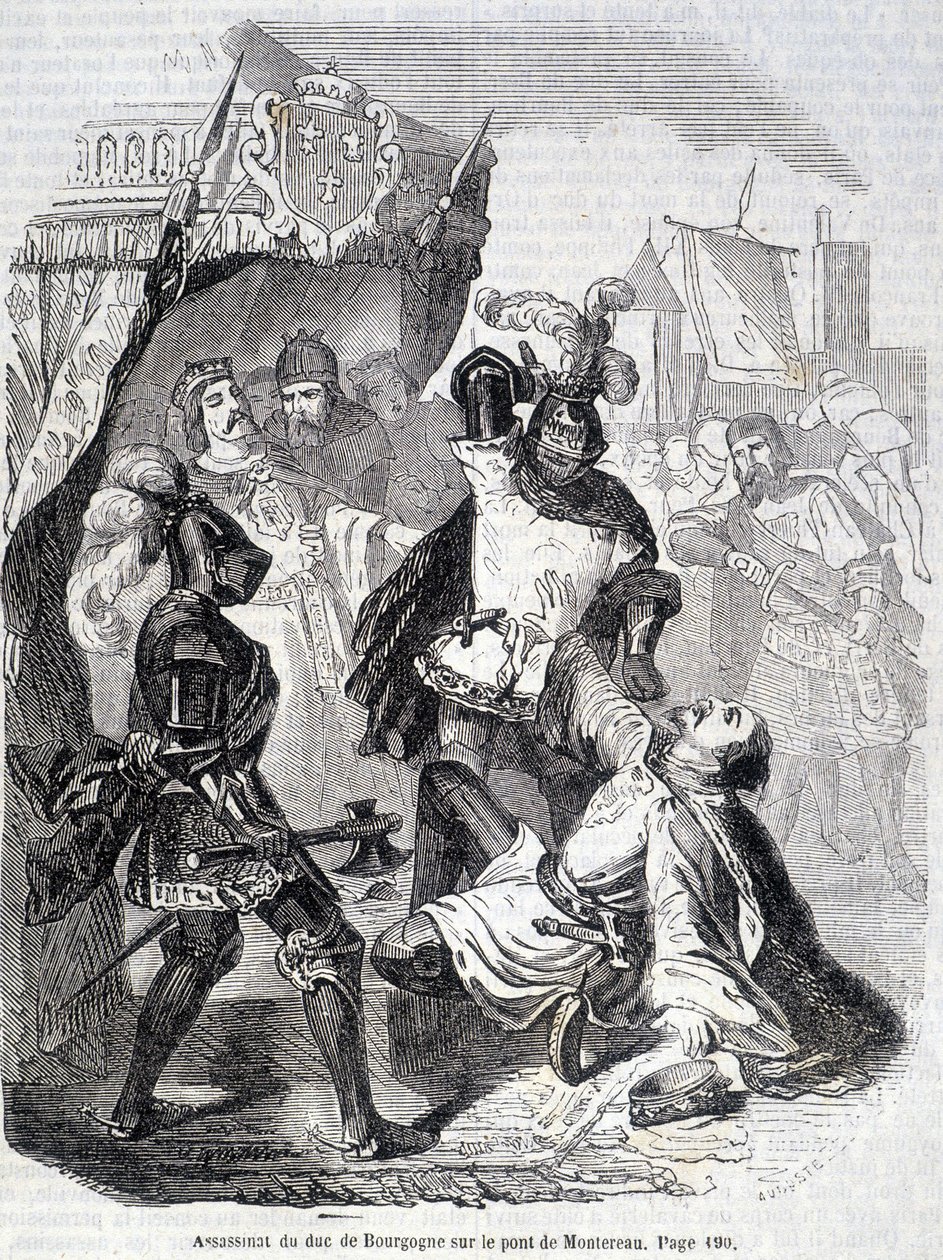 Burgundia hercegének (Jean sans peur) meggyilkolása a montereau-i hídon 1419-ben – L.-P. „Histoire de France”-ban. Anquetil alkotó: French School