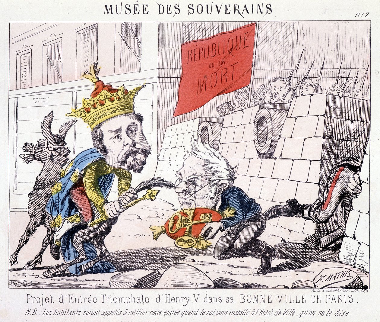 Musée des Souverains – V. Henrik diadalmas bejáratának projektje jó városába, Párizsba (Thiers átadta neki Párizs kulcsait, amelyeket a „République ou la mort” feliratú zászlót viselő polgárok védelmeztek. alkotó: French School