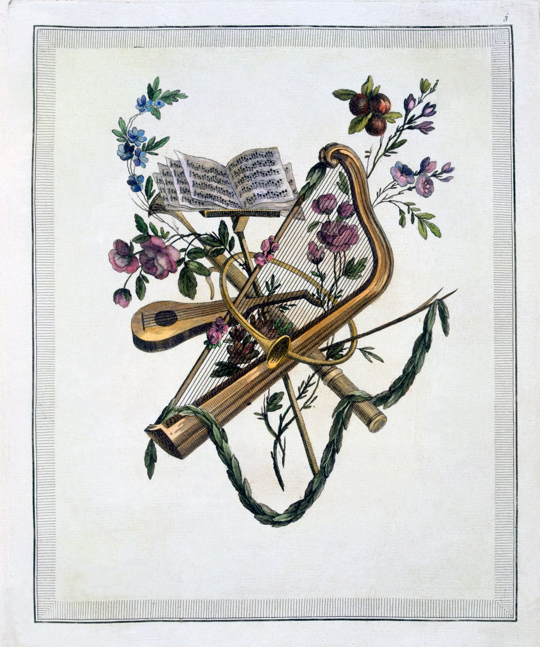 Hangszerek, egy Oppenords-terveket tartalmazó gravírozott lemezeket tartalmazó könyvből, 1745-ben alkotó: French School