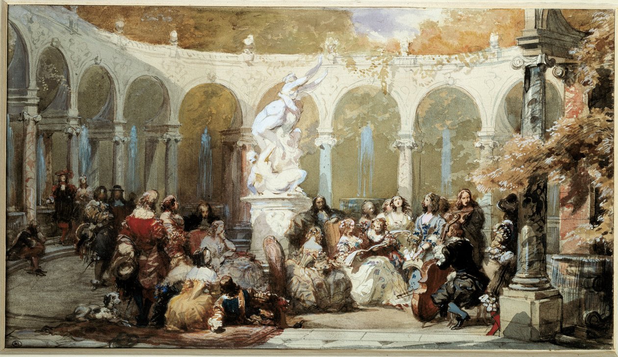 Zenei jelenet Versailles kertjében. vízfestmény alkotó: French School