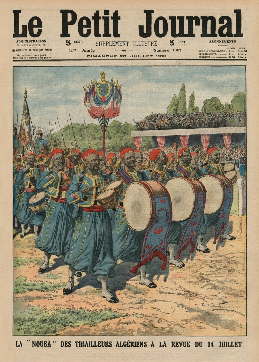 Zenés szekció az algériai gyalogosok felvonulásáról a július 14-i áttekintésen, címlap-illusztráció a „Le Petit Journal”-ból, Illustre-melléklet, 1913. július 20. alkotó: French School