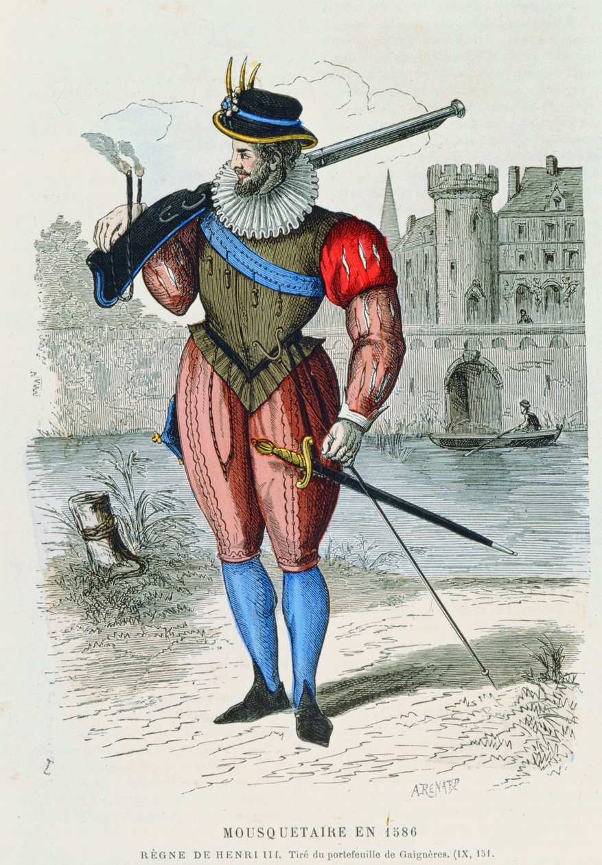 Testőr 1586-ban, illusztráció a Costumes de Paris a travers les siecles-ből H. Gourdon de Genouillac, metszett A. Renard (színes metszet) alkotó: French School
