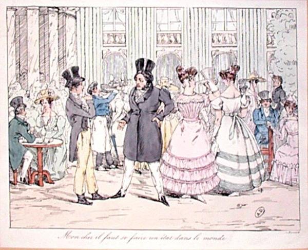 „Kedves barátom, az embernek meg kell találnia magának a helyét a világban”, a „Cafe de la Rotonde” karikatúrája a Palais Royalban, 19. század eleje (színes metszet) alkotó: French School