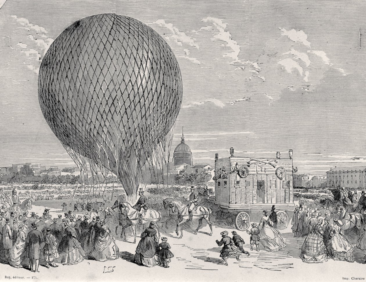 Nadars léggömb, Le Géant a párizsi Champ de Mars-on készül az első repülésre 1863. október 4-én, illusztráció Párizsból a Travers Les Siecles: Tome 5, 1889 alkotó: French School