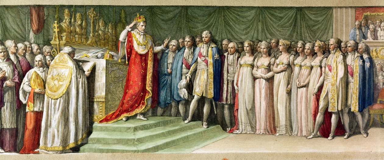 Bonaparte Napóleon (1769-1821) Milánóban a Lombardok Vaskoronájával koronázta meg magát, 1805 (színes metszet) alkotó: French School
