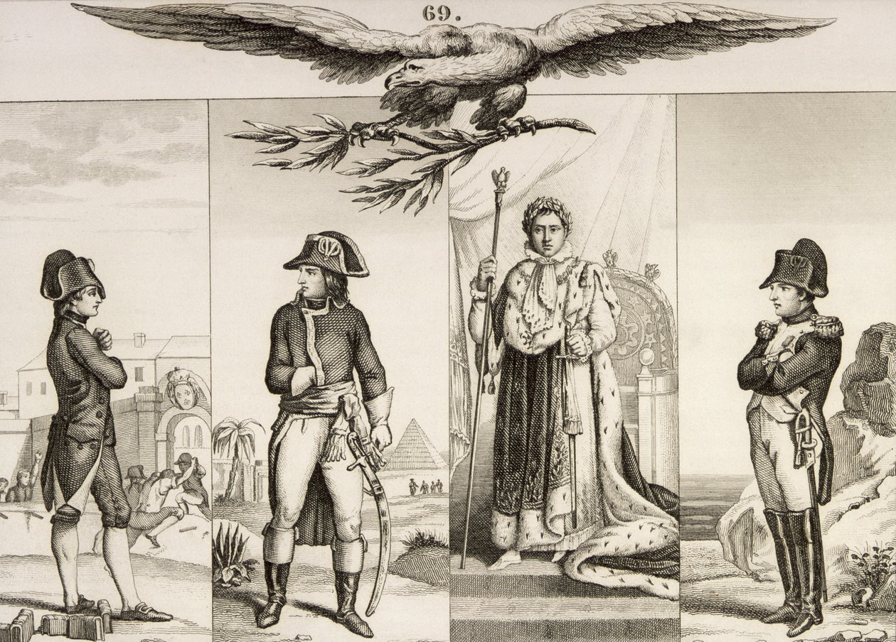 Napóleon Bonaparte (1769-1821) életének négy szakaszában, Colart "Histoire de France" című művéből, amely 1840 körül jelent meg alkotó: French School