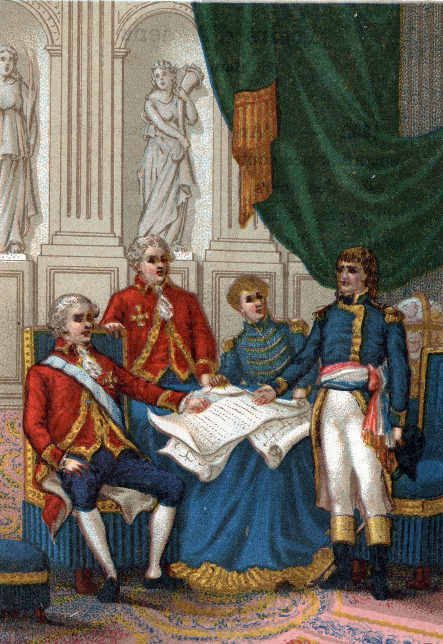 Bonaparte Napóleon Amiens-ben 1802. március 25-én Anglia és Franciaország békeszerződést írt alá, amely véget vetett a Franciaország elleni második európai koalíciónak. (Az amiensi béke, 1802. március 25.). alkotó: French School