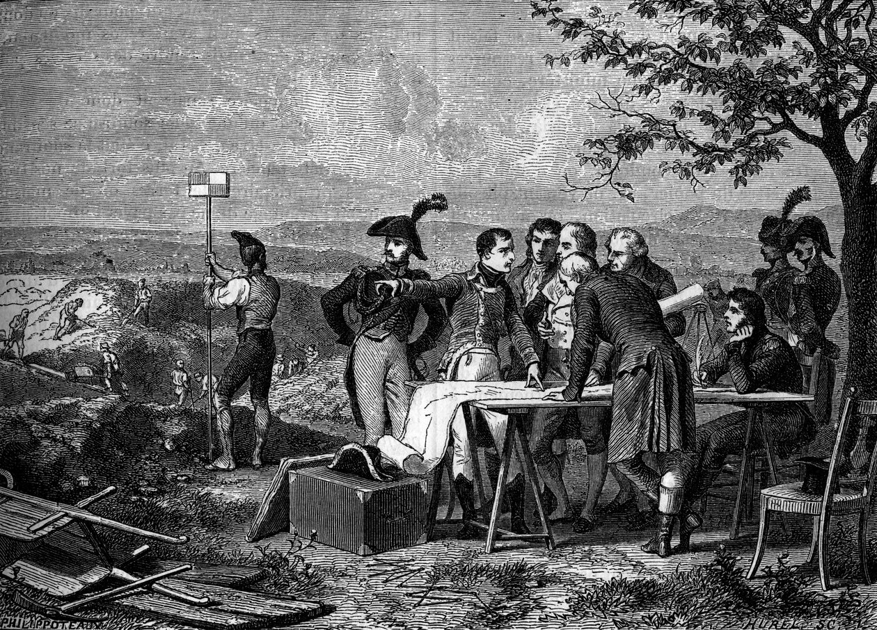 Bonaparte Napóleon jelzi a Canal de Saint-Quentin 1801-es átvágásának tervét - Bonaparte jelzi a Saint Quentin csatorna átszúrását 1801-ben - Metszet a XIX. alkotó: French School