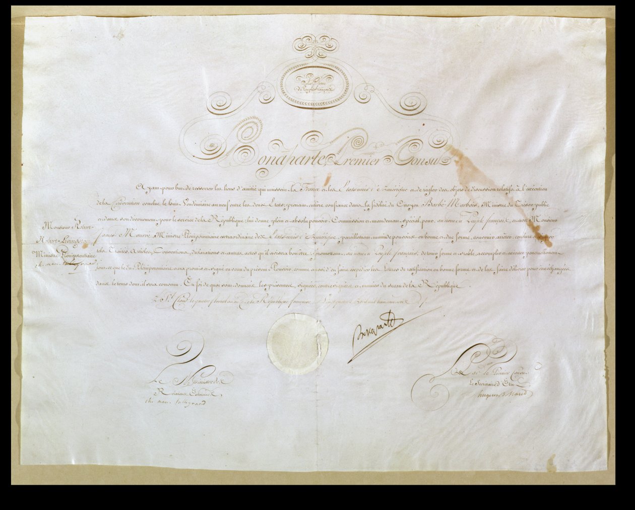 Bonaparte Napóleon (1769-1821) engedélye Louisiana Egyesült Államok általi megvásárlására, 1803. április 30. (tinta pergamen) alkotó: French School