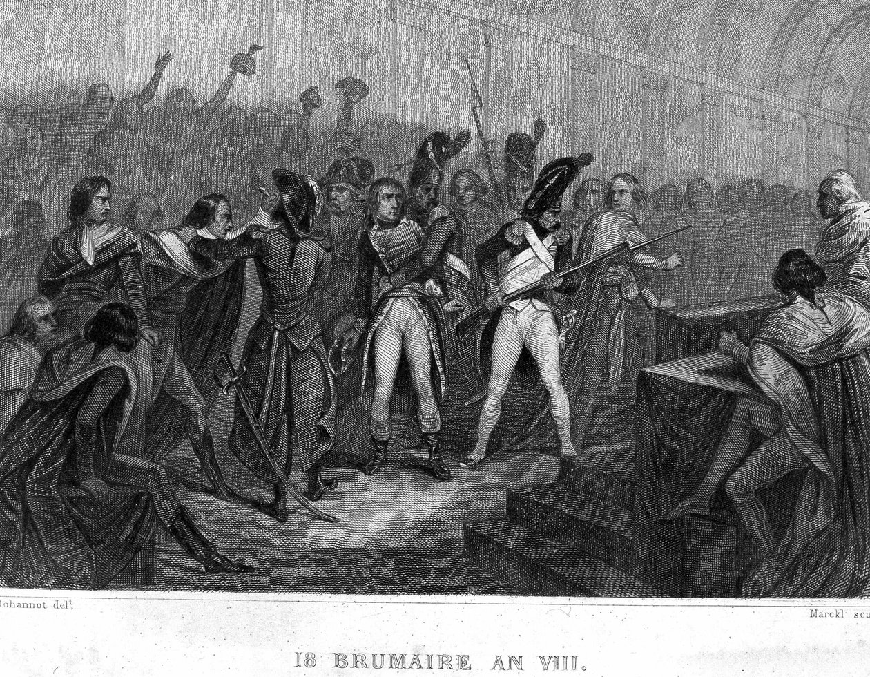 Bonaparte Napóleon puccsa Brumaire VIII. év 18-án (1799) a Saint Cloud-i Ötcentes Tanács (500-as szoba) termében – Thiers „”Revolution francaise”-jában. 19. század alkotó: French School