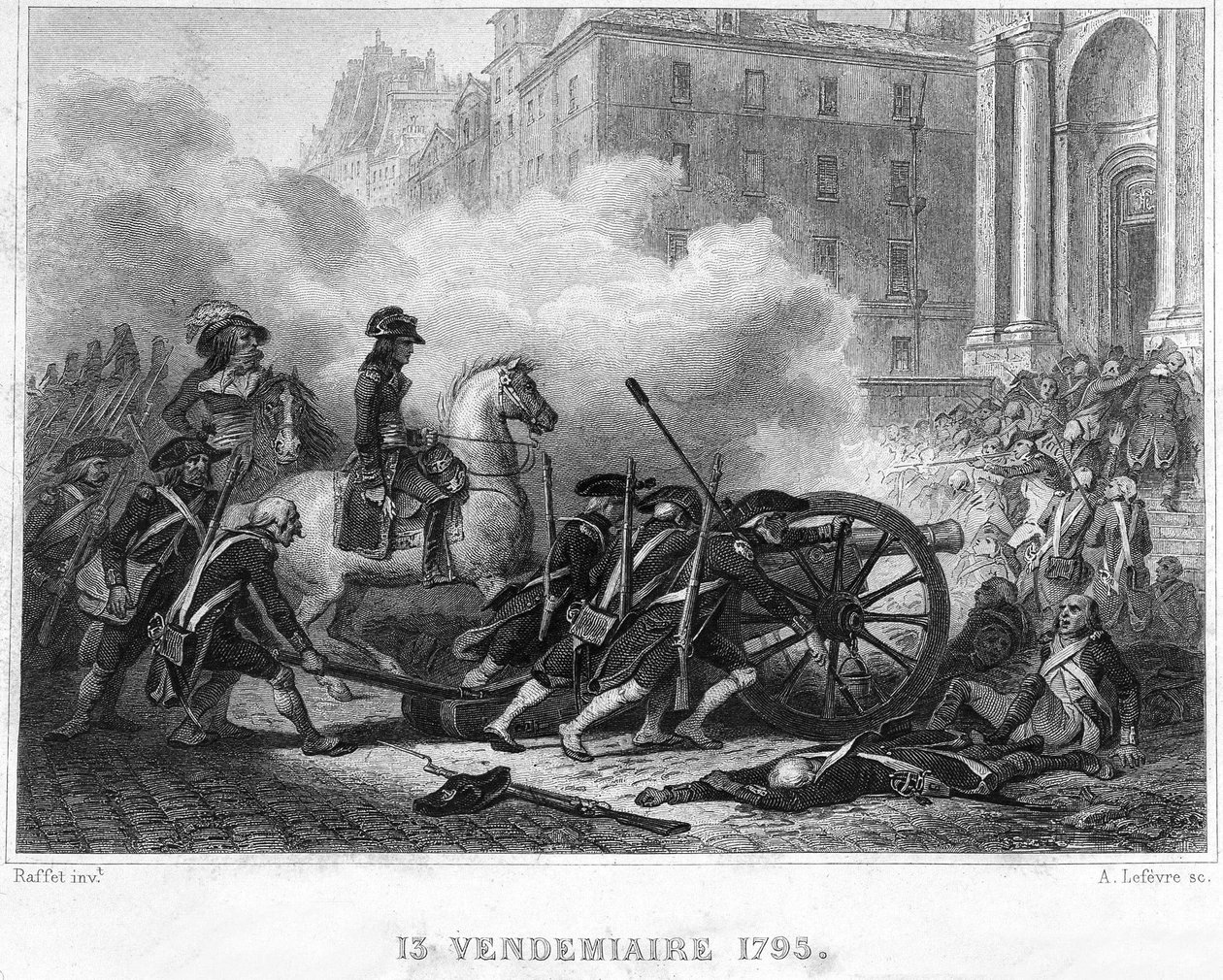 Napóleon leverte a királypárti lázadást – Bonaparte Napóleon (lóháton) forradalmi csapatokat irányít az utcai harcokban Vendemiaire 13-án (október 5.) – 1795. Vendemiaire 13-án (1795. október 5-i királypárti felkelés): Bonaparte visszaadta a rendet shoo-va alkotó: French School