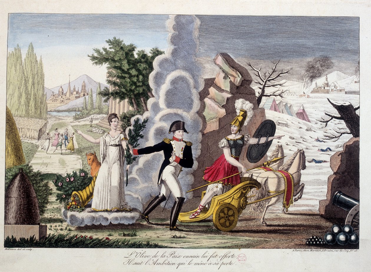 I. Napóleon háború és béke között, 1815 körül - Napóleon háború és béke között - A béke olajbogyóját hiába kínálták neki, követi azt az ambíciót, amely a vesztébe vezette - a Napóleon 1er-ben, egy hamis karikatúragyűjteményben alkotó: French School