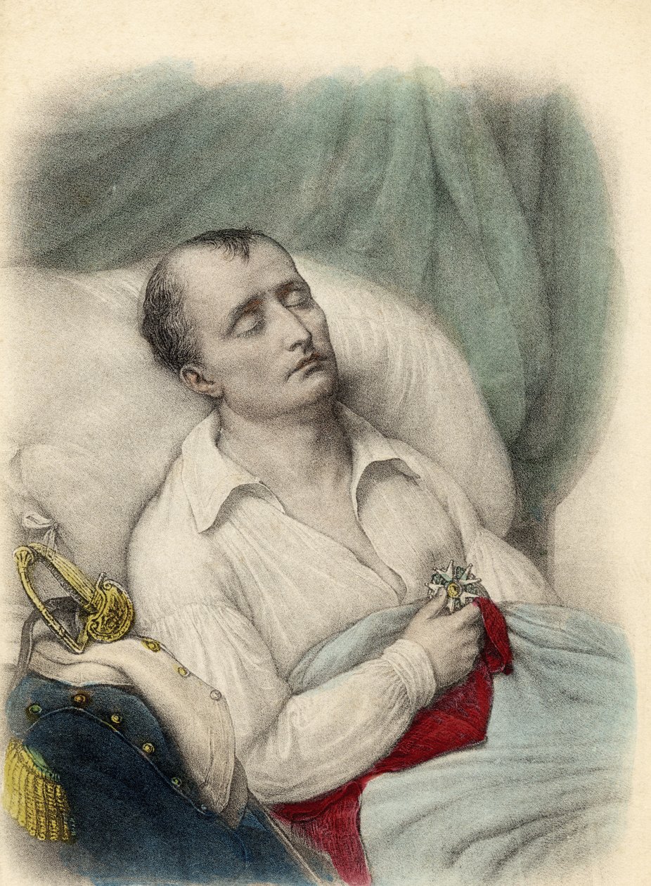 I. Napóleon halálos ágyán a Becsületrendi Keresztet tartja szívén, Szent Ilona, 1821 (színes litó) alkotó: French School
