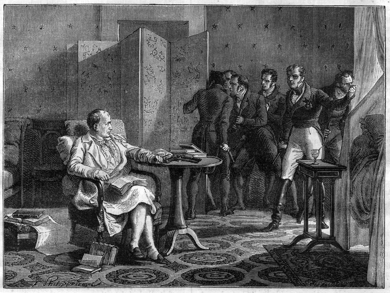I. Napóleon Sainte-Helene-hez (Saint Helene) 1818 októberében elhatározta, hogy fegyverrel szembeszáll Hudson Lowe brit tábornok azon kísérlete ellen, hogy kikényszerítse az ajtót – Adolphe „A birodalom története a konzulátus történetét követve” című könyv alkotó: French School