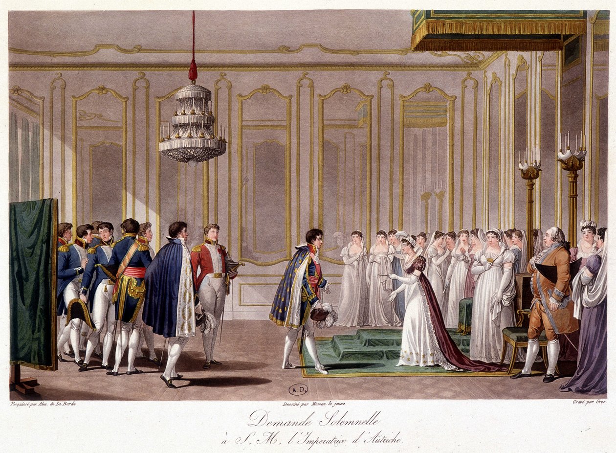 Napóleon feleségül kéri Marie Louise-t Ausztria impressziójához – a „” Történelmi összefoglaló az 1809-es Franciaország és Ausztria közötti háborúról” c. alkotó: French School