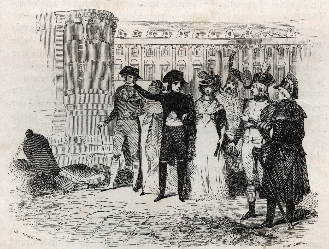 Napóleon sétál Madame Tallien-nel, nee Theresa Cabarrus, Caraman hercegnője, Caraman Chimay hercegnője (1773 - 1835) elhelyezi Vendome-ot Párizsban - „Les rues de Paris” metszet. Régi és modern Párizs: eredet, történelem, műemlékek, jelmezek, erkölcsök, ch alkotó: French School