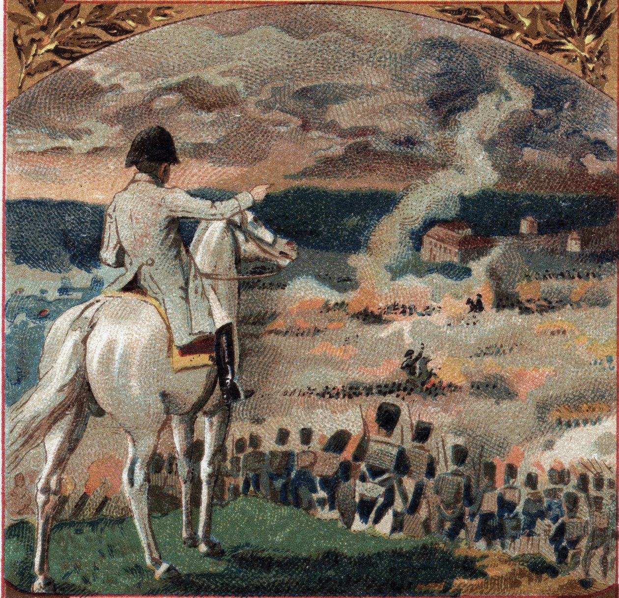 Napóleoni háborúk: I. Napóleon (1769-1821) megfigyeli a brienne-le-chateau-i csatát (Brienne le Chateau) (Hajnal) 1814. január 29-én a francia hadjárat során. A francia hadsereg legyőzte Gebhard Leberecht von Blucher tábornok (1742-1819) porosz csapatait. alkotó: French School