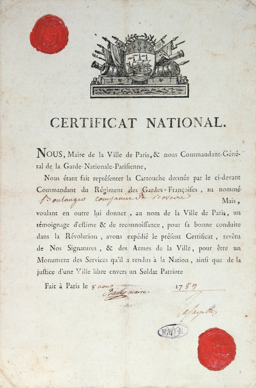 Nemzeti bizonyítvány a jó magaviseletről a francia forradalom idején, 1789. augusztus 8-án Párizsban alkotó: French School