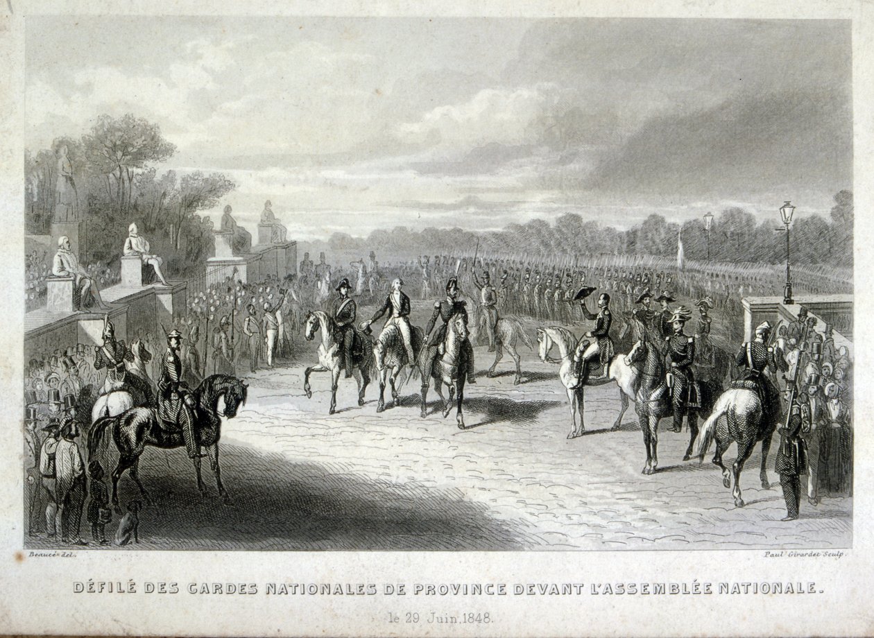 A nemzetőr katonái védik a párizsi nemzetgyűlést. Metszet az 1848-as francia forradalom idején (metszet) alkotó: French School