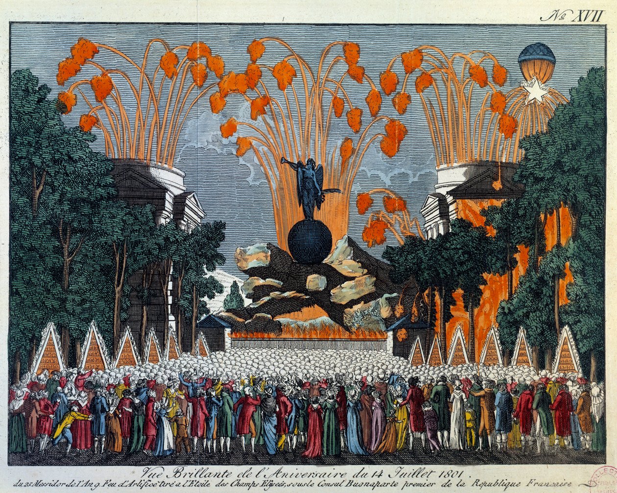 1801. július 14-i nemzeti ünnepség a párizsi Champs Elysées-n: A párizsi Champs Elysées-n a csillag tűzijátékot tartanak. Nyomat 1801-ből, Párizs, Musee Carnavalet alkotó: French School