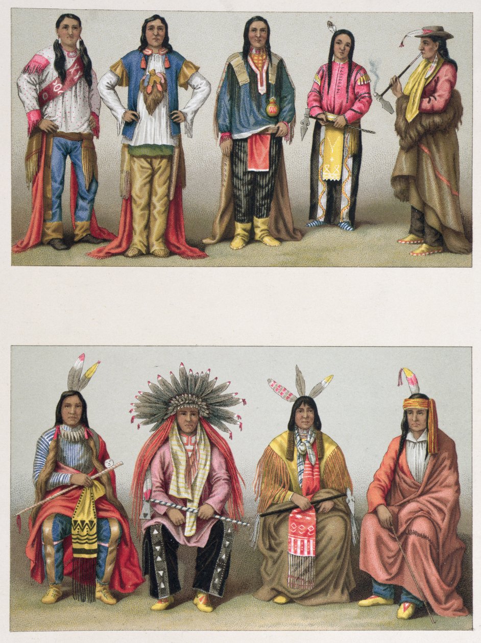 Amerikai őslakosok a Mississippi-medencéből és Coloradóból, illusztráció A. Racinet Le Costume Historique című könyvéből, 1888-ban Párizsban alkotó: French School