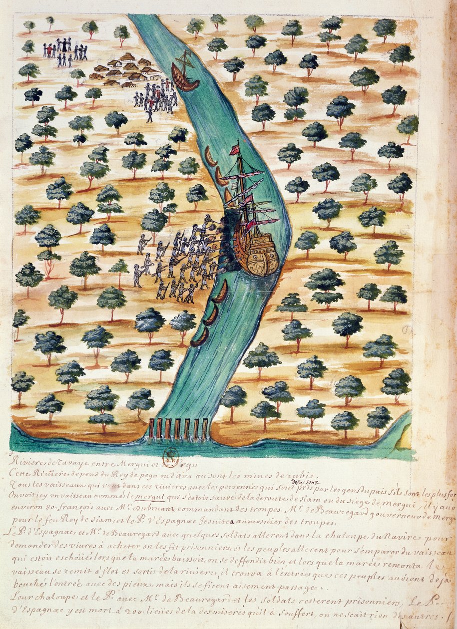 A bennszülöttek francia hajókat megtámadnak a Tavoy folyón, a sziámi jezsuitákról szóló beszámolóból, 1688 (wc papíron) alkotó: French School