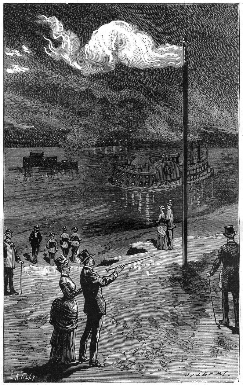 Földgázvilágítás Pennsylvaniában (USA), Pittsburgh közelében. Metszet a „” természetbe. Tudományos folyóirat és alkalmazásai a művészetben és az iparban. alkotó: French School