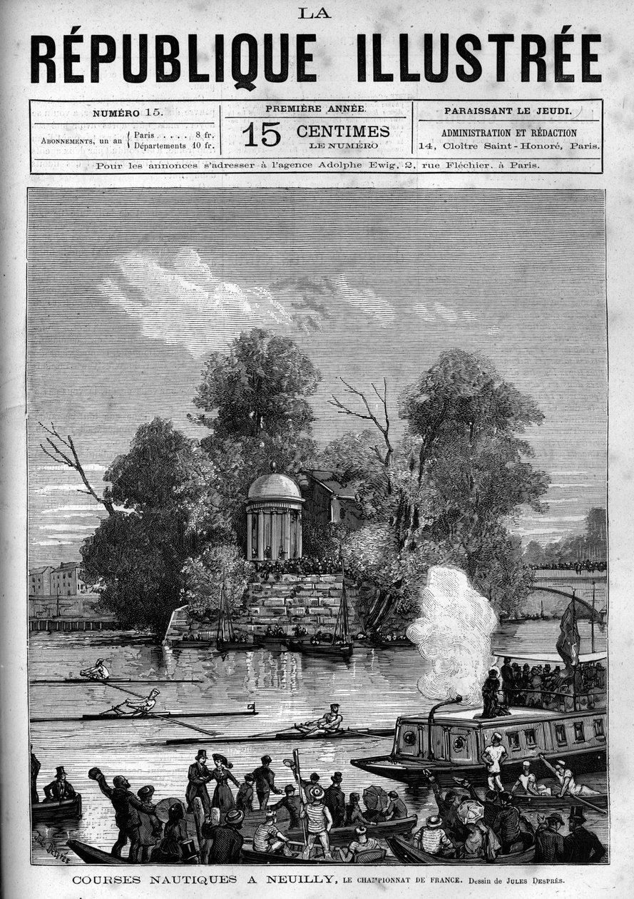 Hajózási versenyek: francia evezős bajnokság, amelyet a Szajnán rendeznek, az Ile de la Grande Jatte-val szemben Neuilly-ben. Egy újság. Metszet 1880-ból a „La republique illustree”” magángyűjteményben. alkotó: French School