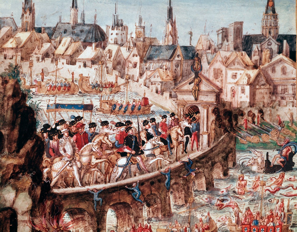 Rouen városa által szervezett tengeri bemutatók II. Henrik (1519-1559) és Medicis Katalin (1519-1589) királyi belépése alkalmából 1550. 10. 1-én Lovasok keltek át a Szajnán a Saint Ouen híd (St Ouen híd in alkotó: French School