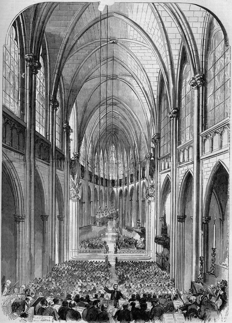 Neogótikus építészet: a párizsi Sainte Clotilde (1846-1857) templom belső képe, 1857. november 30-i felavatásakor. Bertrand metszet a „” Le Monde Illustré”” 34. számában, 1857. december 5.. alkotó: French School