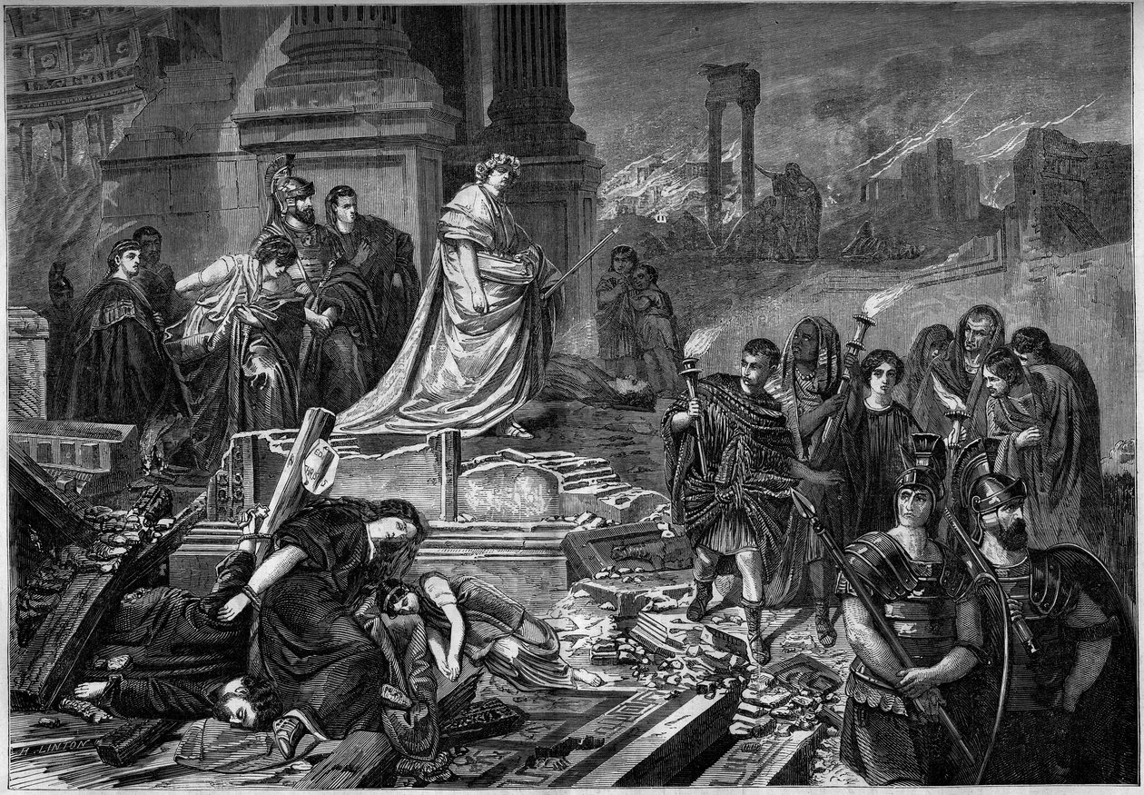 Neron a 64-es római tűzvész után. Metszet Karl Theodor von Piloty (1826-1886) festménye után. Az 1862. szeptember 13-i „” Le Monde Illustré”” 283. sz. alkotó: French School