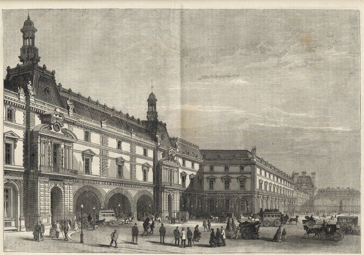 A Tuileriák új épületei a Place du Carrouselben (metszet) - Az új Louvre - homlokzat a Place du Carrousel és a Salle des Etats oldalán - 1869-es metszet alkotó: French School