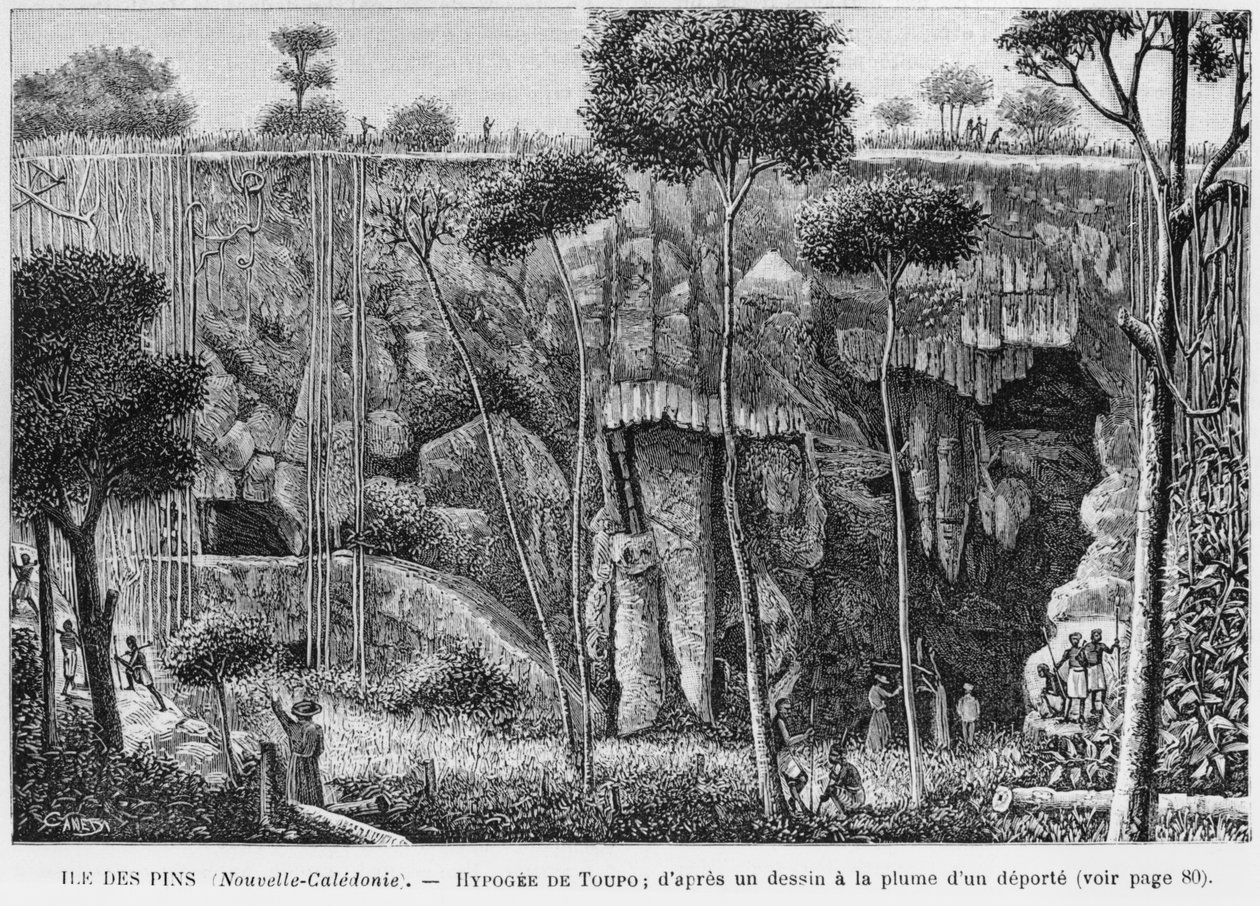 Új-Kaledónia, Pines-sziget, Toupo hypogeum, egy deportált toll- és tusrajza után, illusztráció a Les Missions Catholiques, 1893-as értesítőből alkotó: French School