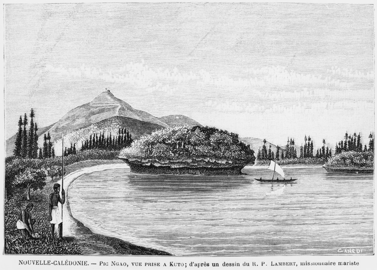 Új-Kaledónia, Isle of Pines, Pic Nga Kutóból nézve, Lambert tiszteletes atya, marista misszionárius rajza alapján, illusztráció a Les Missions Catholiques, 1893-as értesítőből alkotó: French School