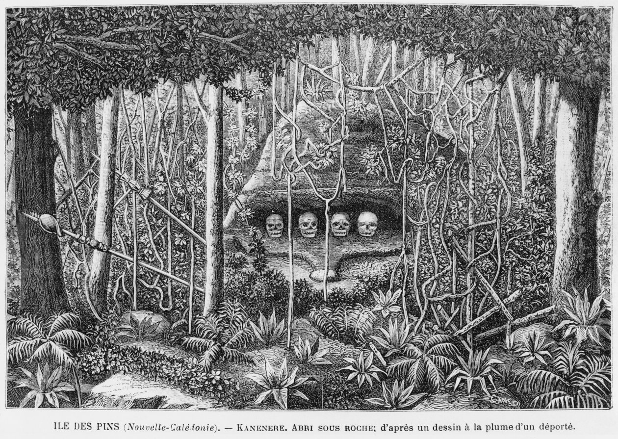 Új-Kaledónia, Isle of Pines, menedék a sziklák között, egy deportált toll- és tusrajza után, illusztráció a Les Missions Catholiques, 1893-as értesítőből alkotó: French School