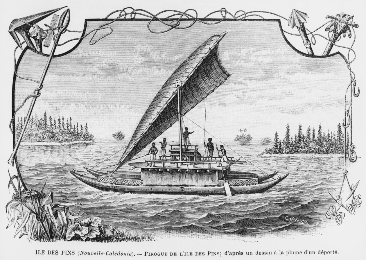 Új-Kaledónia, az Isle of Pines pirogue, egy deportált toll- és tusrajza után, illusztráció a Les Missions Catholiques 1893-as értesítőből alkotó: French School