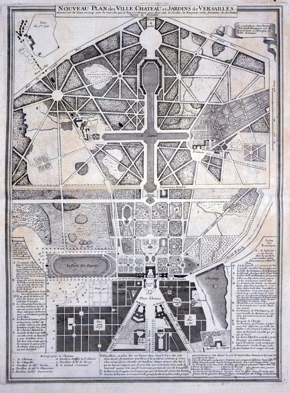 A Versailles-i város, kastély és kertek új terve, 1714, Les Plans, Profils et Elevations des Villes et Chateau de Versailles, közzétéve 1715 körül alkotó: French School
