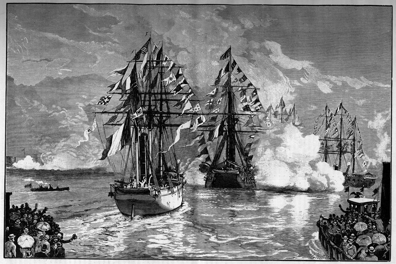 New York: Megérkezik a város kikötőjébe az "Isere" francia hajó, amely Frederic Auguste Bartholdi (1834-1904) Szabadság-szobrát szállítja, 1885. június 19. "Le Monde Illustre" metszet alkotó: French School