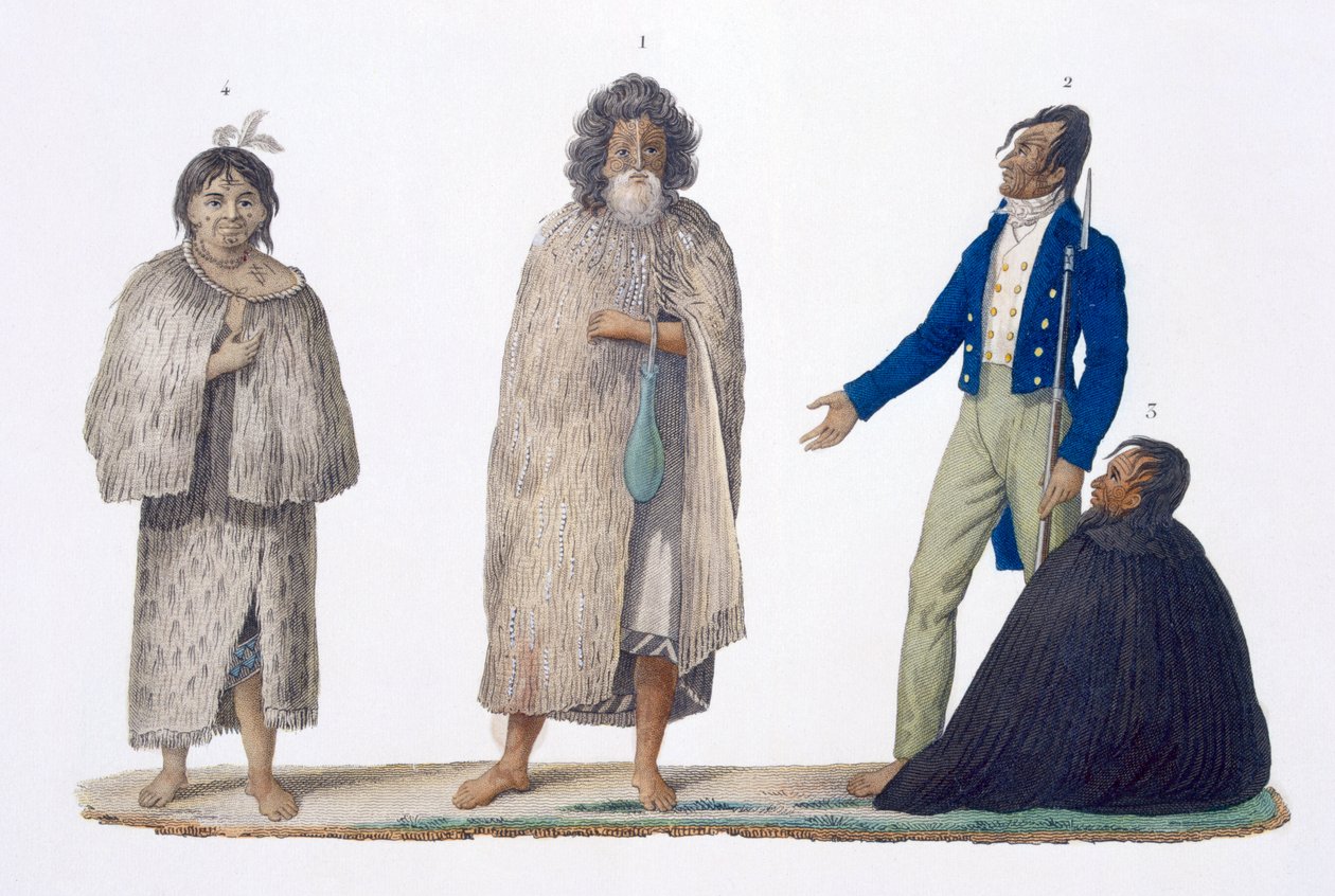 Új-zélandi bennszülöttek bennszülött és nyugati ruhában, 1826 alkotó: French School