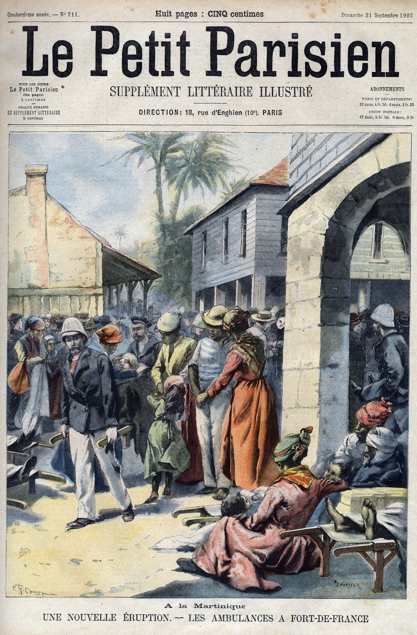 Új vulkánkitörés a Montagne Pelee vulkánból Martinique-on: mentőautók Fort de France-ban (Fort-de-France). Metszet „A kis párizsi”-ba alkotó: French School