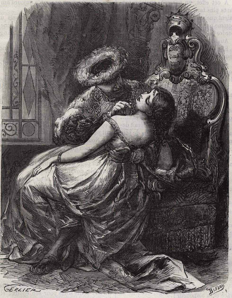 Szép nyak! Hogy egy hóhér szívesen levágná! Henrik angol király (1491-1547) feleségével, Catherine Parr-ral (1512-1548). Metszet 1871-ből Henry de Kock (1819-1892) „Histoire Des Cocus Celebres” c. alkotó: French School