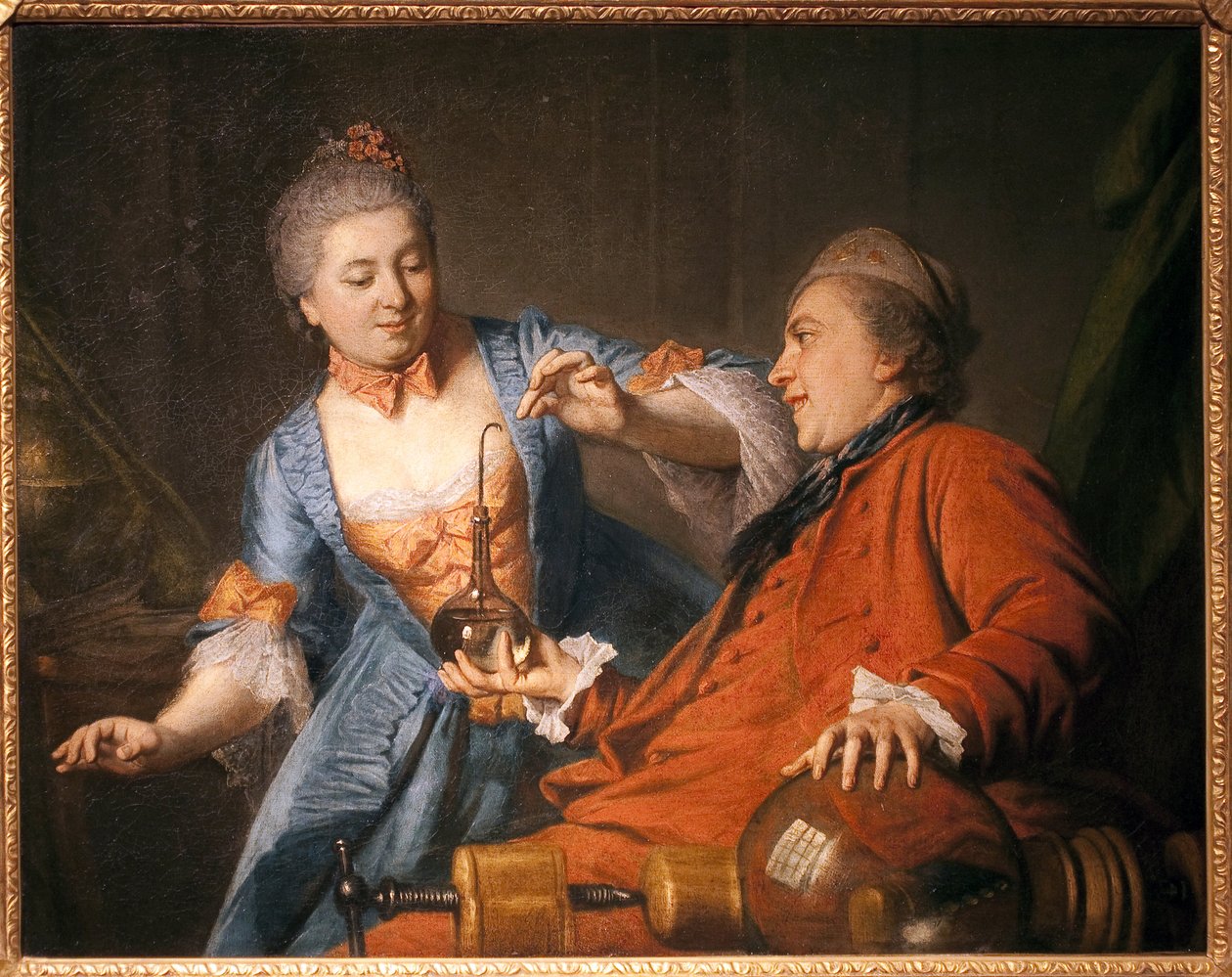 Nicolas Bergeat (1733-1815) és Madame de Maisoncel fizikai kísérletet végeznek. Egy névtelen remois festménye, olaj, vászon alkotó: French School