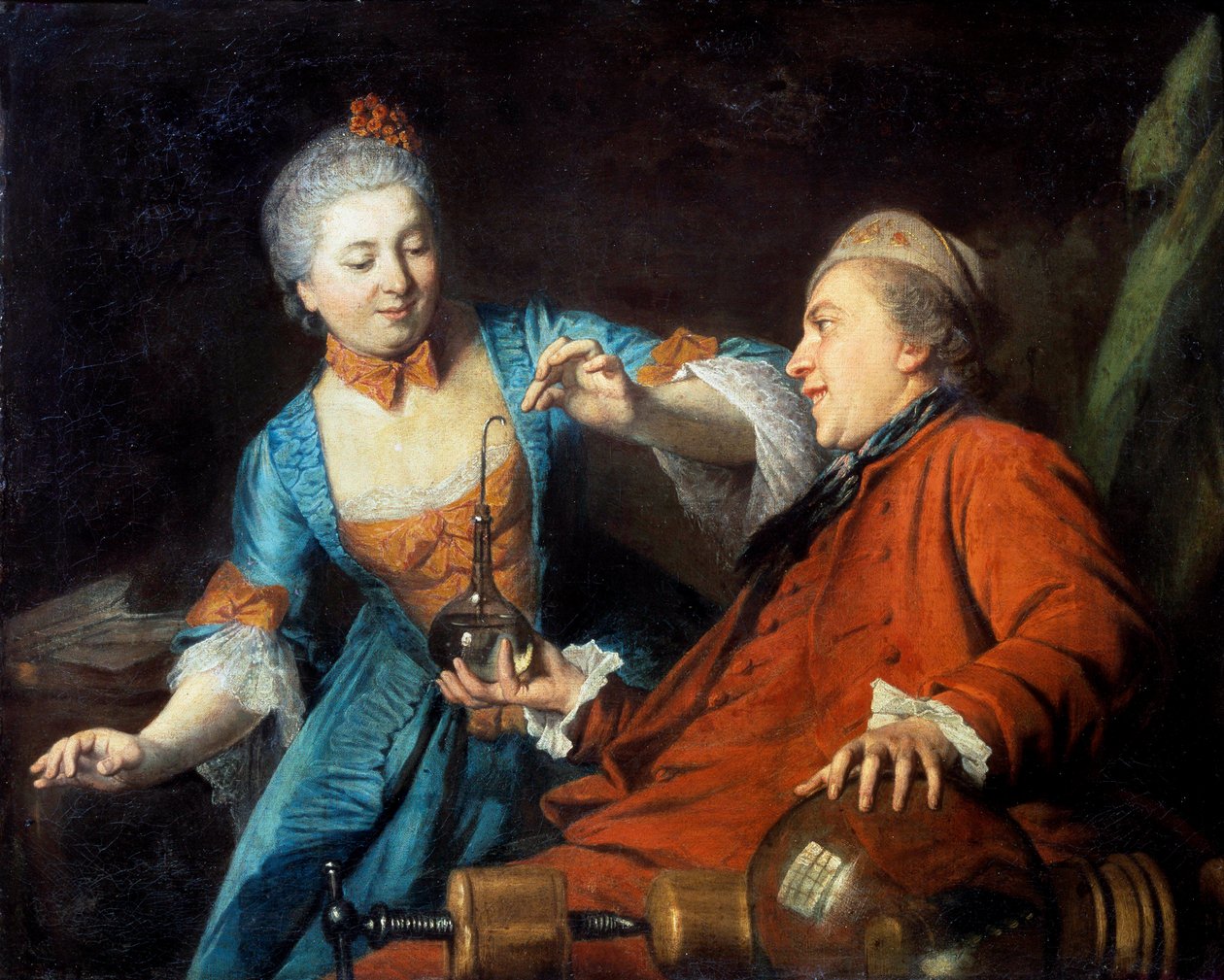 Nicolas Bergeat (1733-1815) és Madame de Maisoncel kísérletet végeznek a fizikában A francia iskola névtelen festészete. 1770. Reims, Szépművészeti Múzeum alkotó: French School