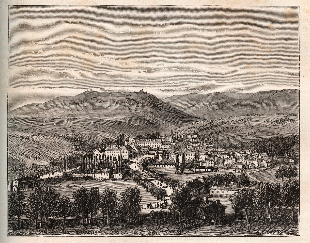 Niederbronn-les-Bains Elzászban – V. A. Malt-Brown metszet a „La France illustrée: földrajz, történelem, statisztikai igazgatás” c. 1884 alkotó: French School