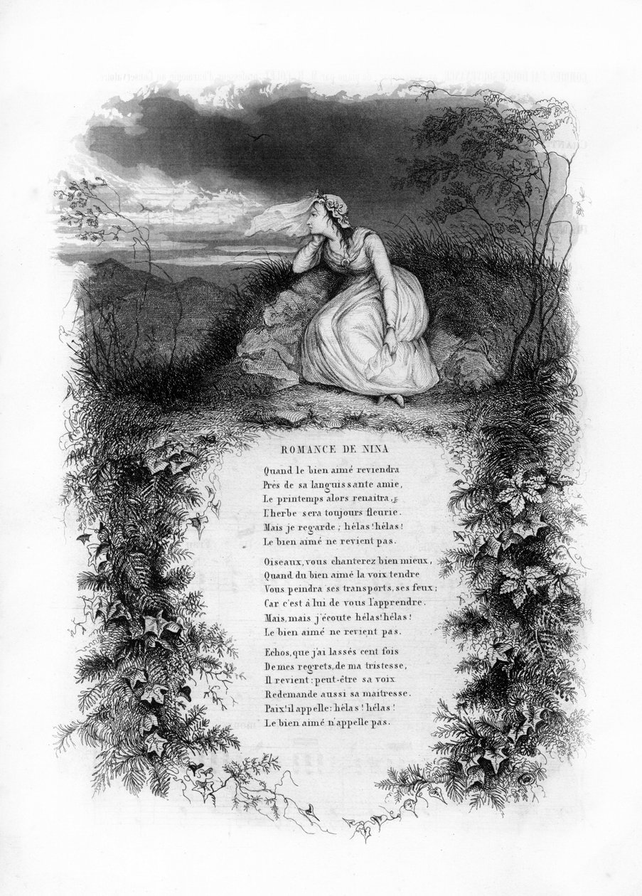 Nina románca. Egy magányos nő esküvői ruhában az országút szélén. Gravírozás „” Chants et chansons populaire de la France””, 2. kötet alkotó: French School