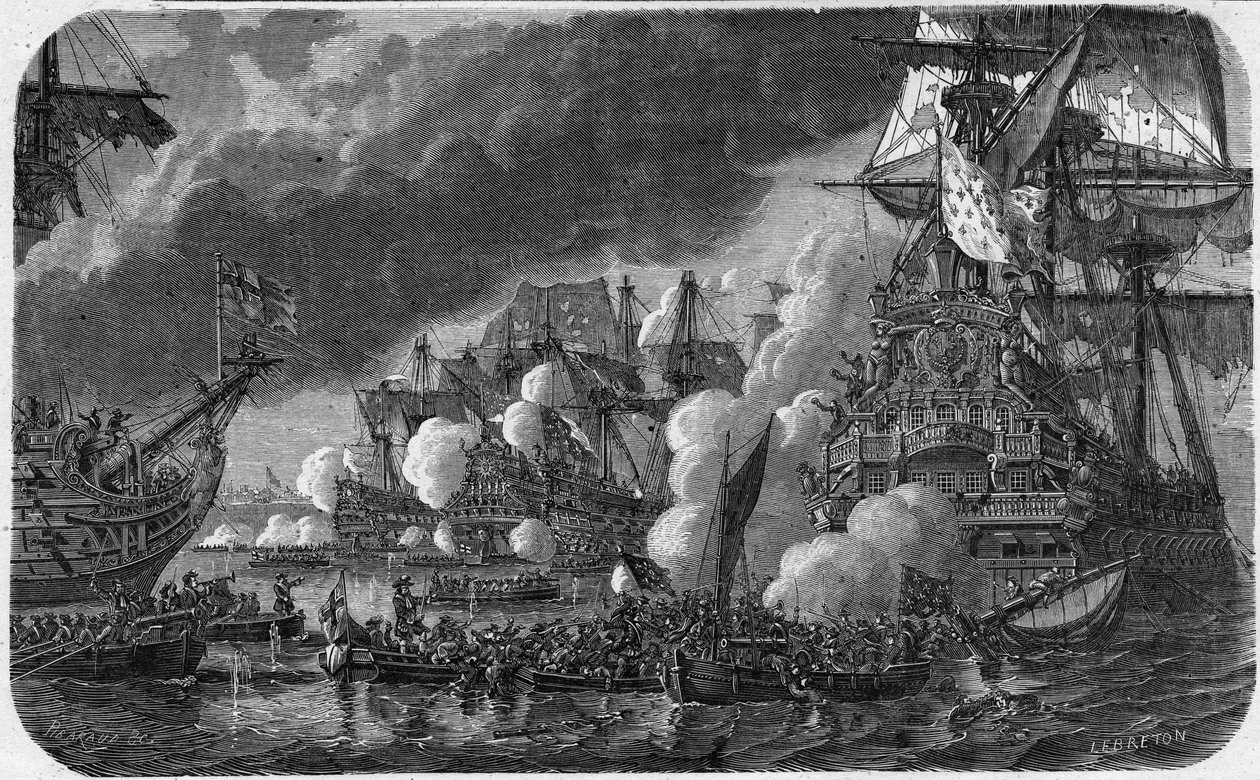 Kilencéves háború (Augsburgi Liga háborúja) (1688-1697): a Hougue-i csata 1692. május 19-én az angol-holland flotta és Anne Hilarion Costentin (Cotentin) admirális francia flottája között , Tourville grófja (1642-1701). Látta a vereséget alkotó: French School