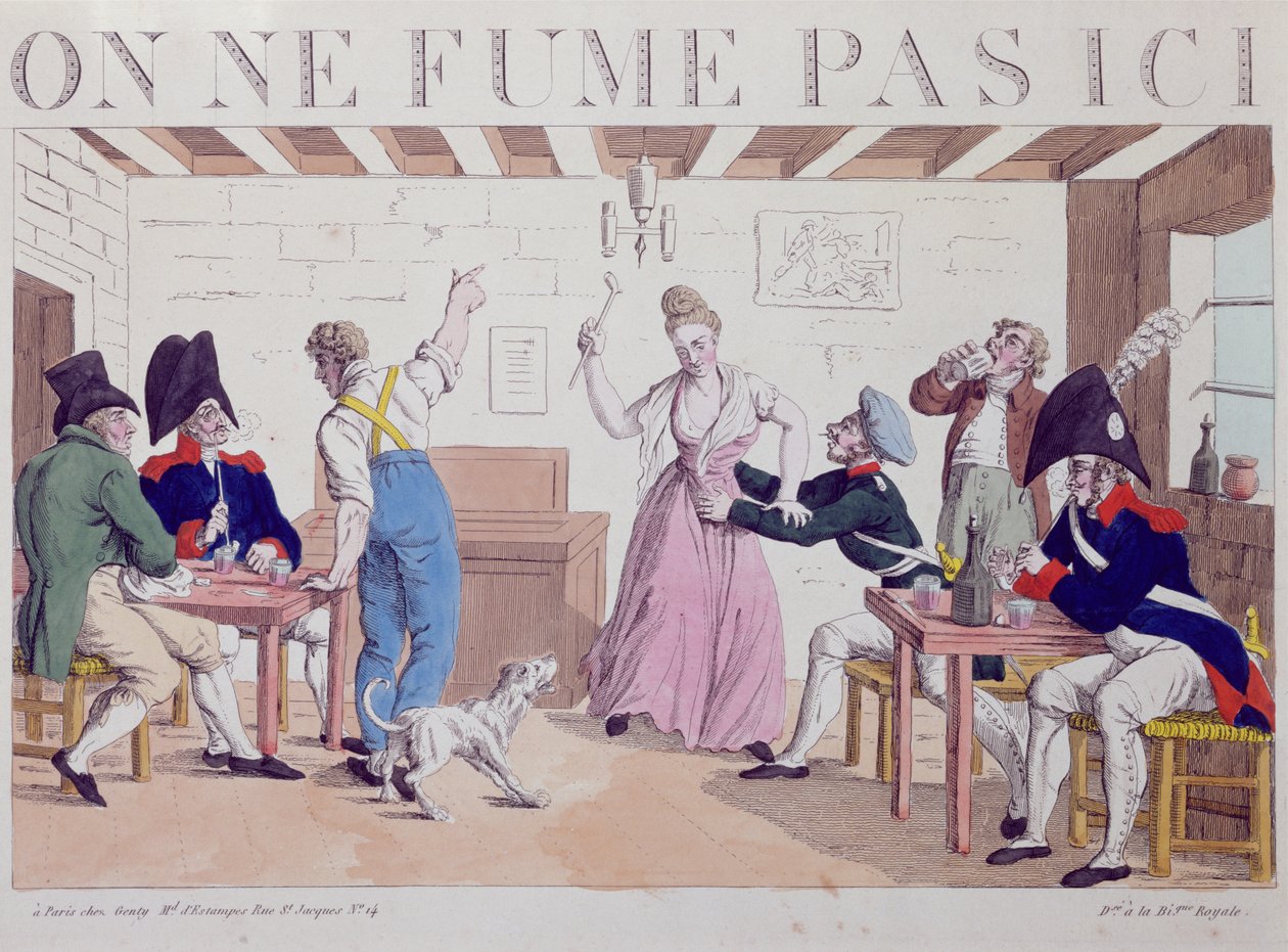 Dohányzás tilos karikatúra a szövetséges csapatok jelenléte ellen Párizsban, 1815 (színes metszet) alkotó: French School